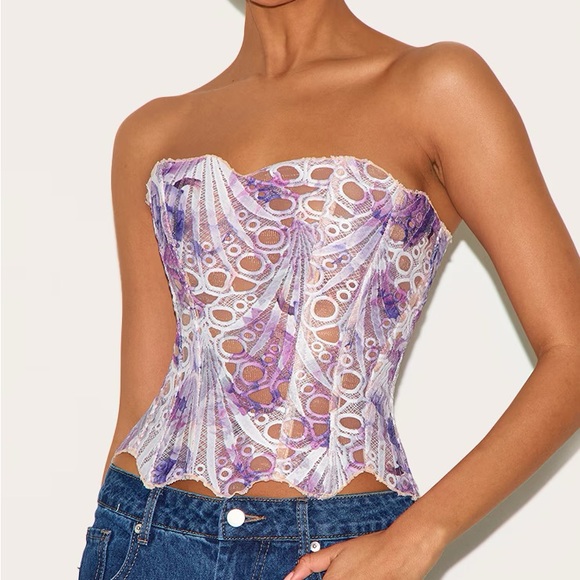 NWT 8 PrettyLittleThing Purple and White Sheer Floral Strapless Lace Corset - Picture 1 of 4